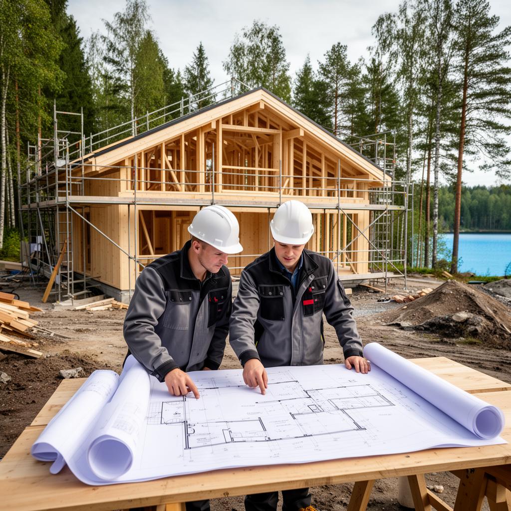 Villa under uppförande med synlig regelstomme och takstolar, byggare studerar konstruktionsritning i naturen